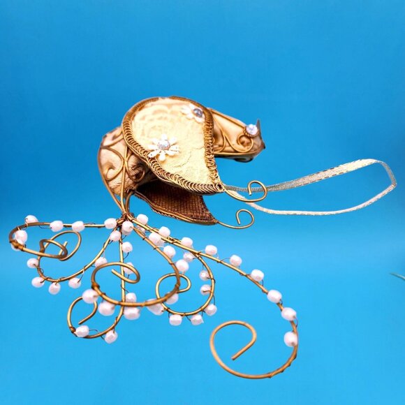 Victorian Bird Ornament Tapestry Gold Beaded Frame Rhinestone Flowers Drop Bead - Picture 7 of 9